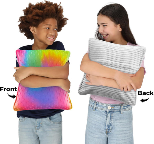 Square sensory vibrating pillow with rainbow dotted front and gray striped back