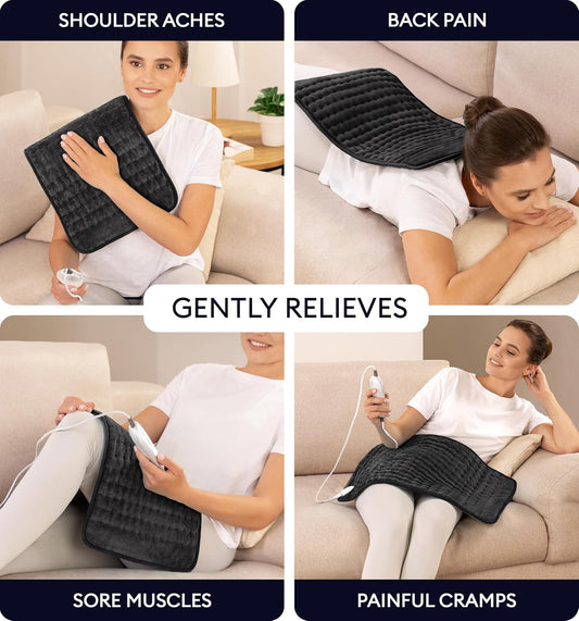 Black heating pad with controller shown for shoulder aches and back pain relief