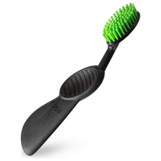 Left-handed soft toothbrush with dark handle and green bristles