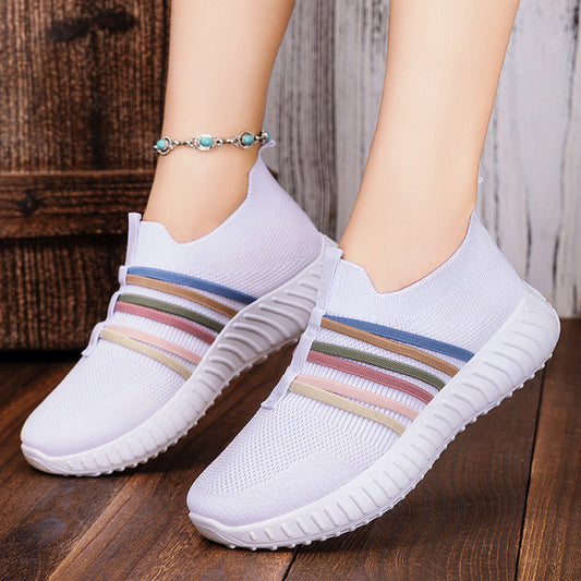 White breathable knit slip-on shoes with multicolor striped band and white sole