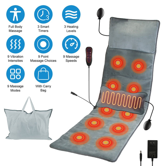 Grey electric massage mat with headrest, red heat zones, and included carry bag and pillows.
