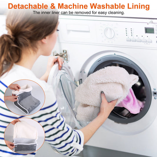 Detachable inner lining of gray heated foot warmer being removed for cleaning