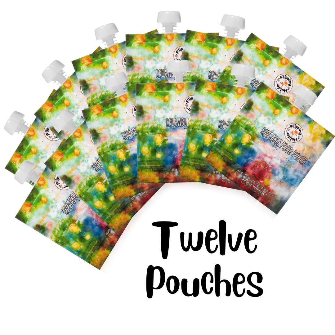 Twelve reusable food pouches with white caps, colorful watercolor prints