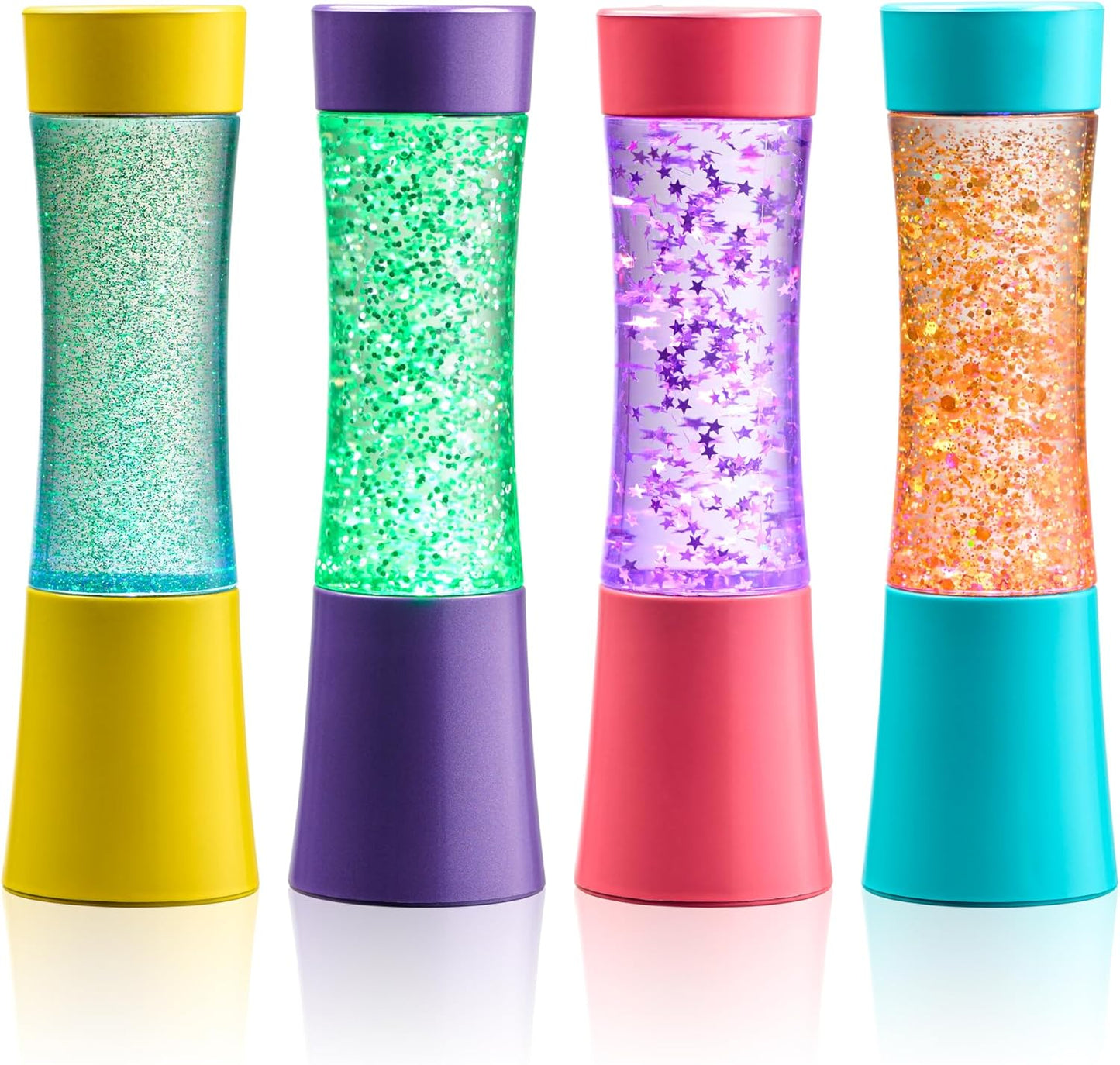 Four colorful light-up glitter sensory tubes with glitter and star-shaped confetti