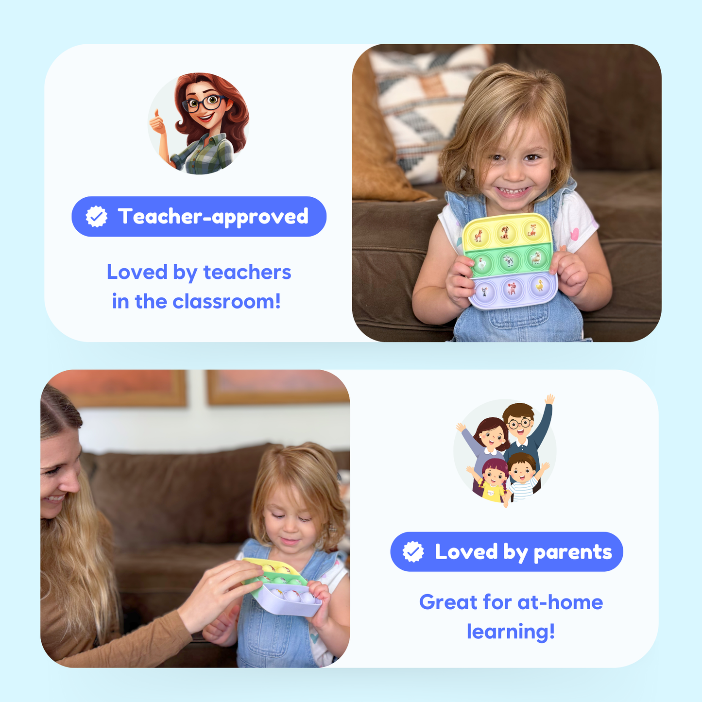 Child holding learning cards from a pre-K fidget game set during home play