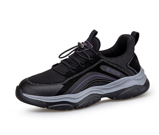 Women's outdoor mesh casual shoe in black with purple accent stripe, lace-up, rubber outsole