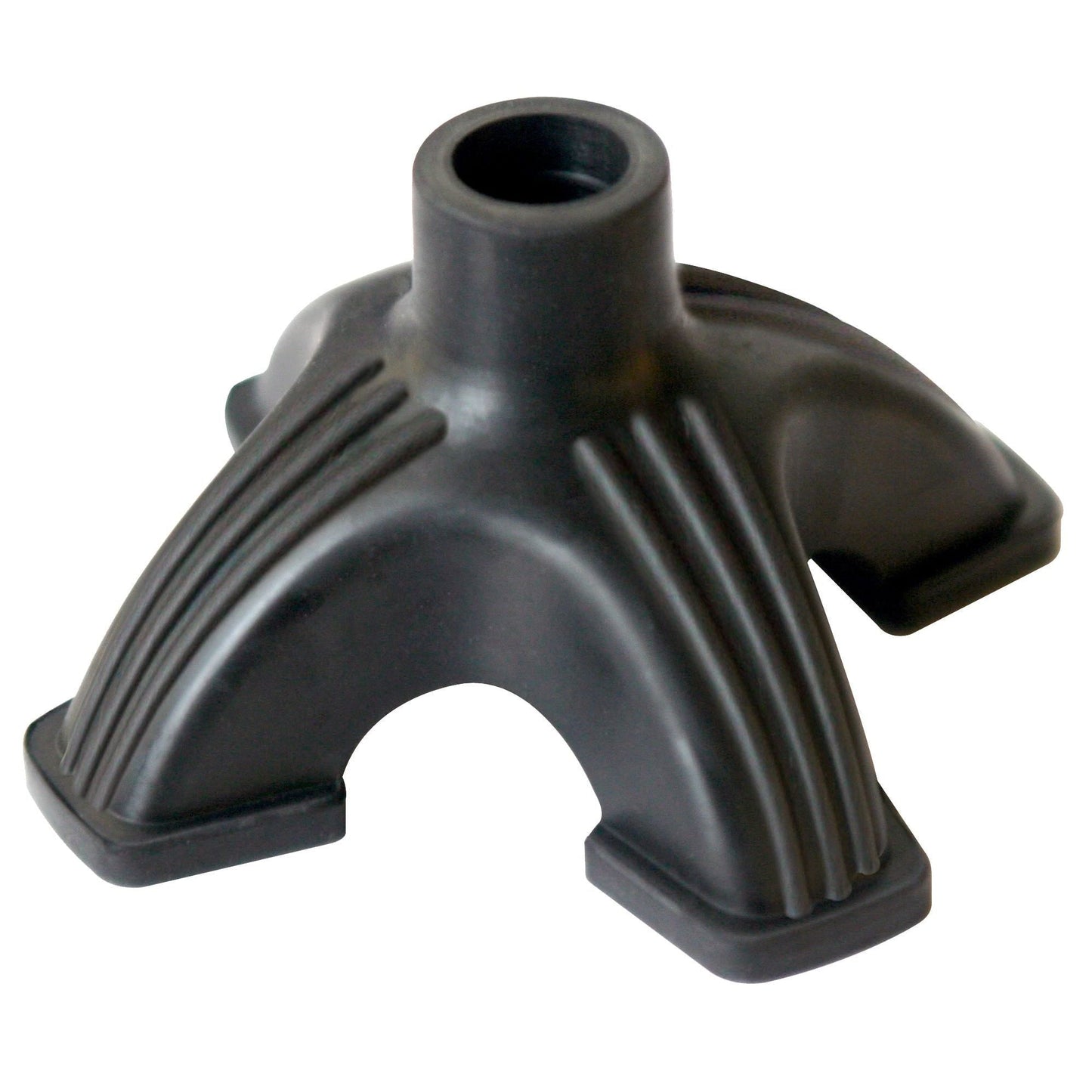 Black rubber cane tip support base with three-prong non-slip feet