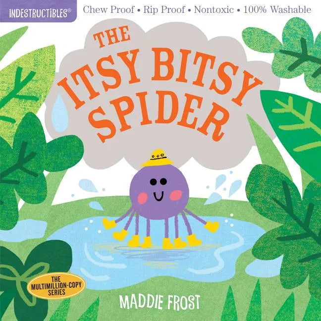 Paperback book cover with purple spider in a pond, orange title text, green leaves