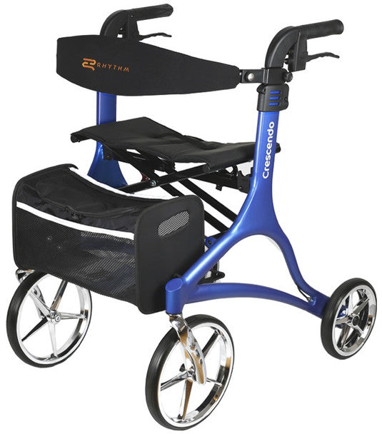 10" caster rollator with blue frame, black padded seat, and front storage pouch