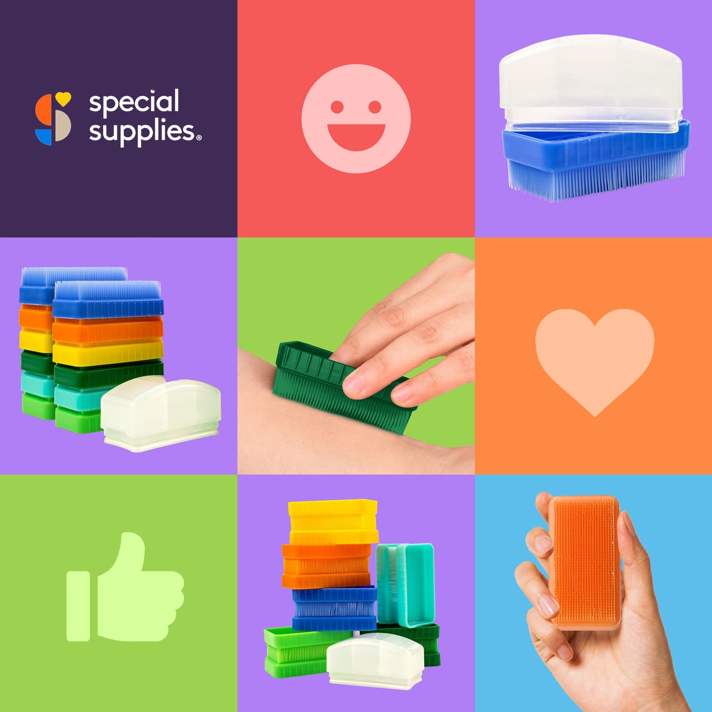 Assorted sensory therapy brushes in colorful blocks with a white bristle storage cover