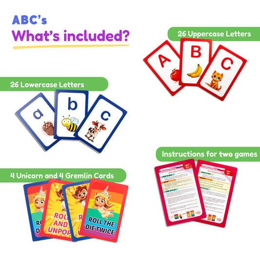 Alphabet letter card pack showing uppercase and lowercase stacks plus instruction cards