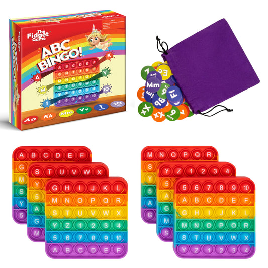 ABC Bingo game box with purple drawstring bag and colorful letter-number tokens