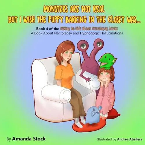Paperback book with cartoon cover: girl on couch with green monster characters.