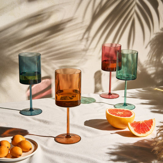 Acrylic stemmed wine glasses set: blue, amber, red, and green tinted goblets