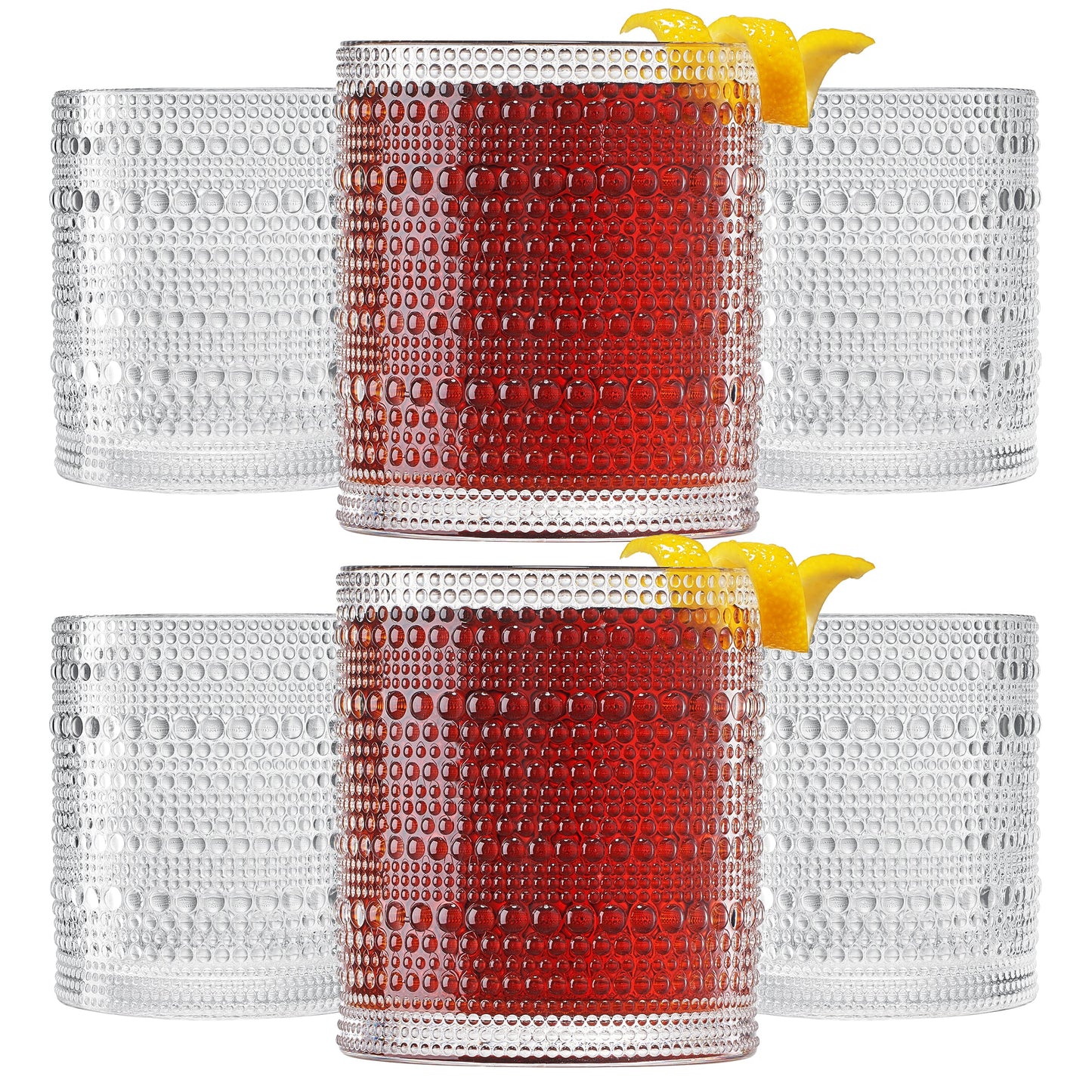 Acrylic lowball glasses set of 6 with hobnail texture, red center with clear stacks