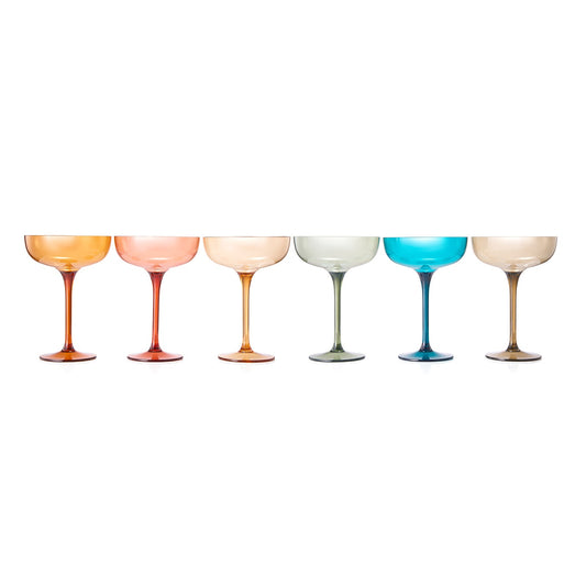 Champagne coupe cocktail glasses set of 6, tinted acrylic in amber, pink, green, teal