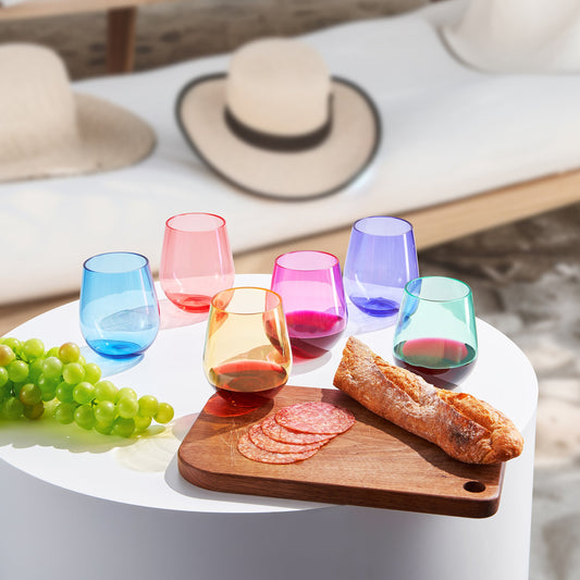 Stemless acrylic wine glasses in multicolor, round bowl shape