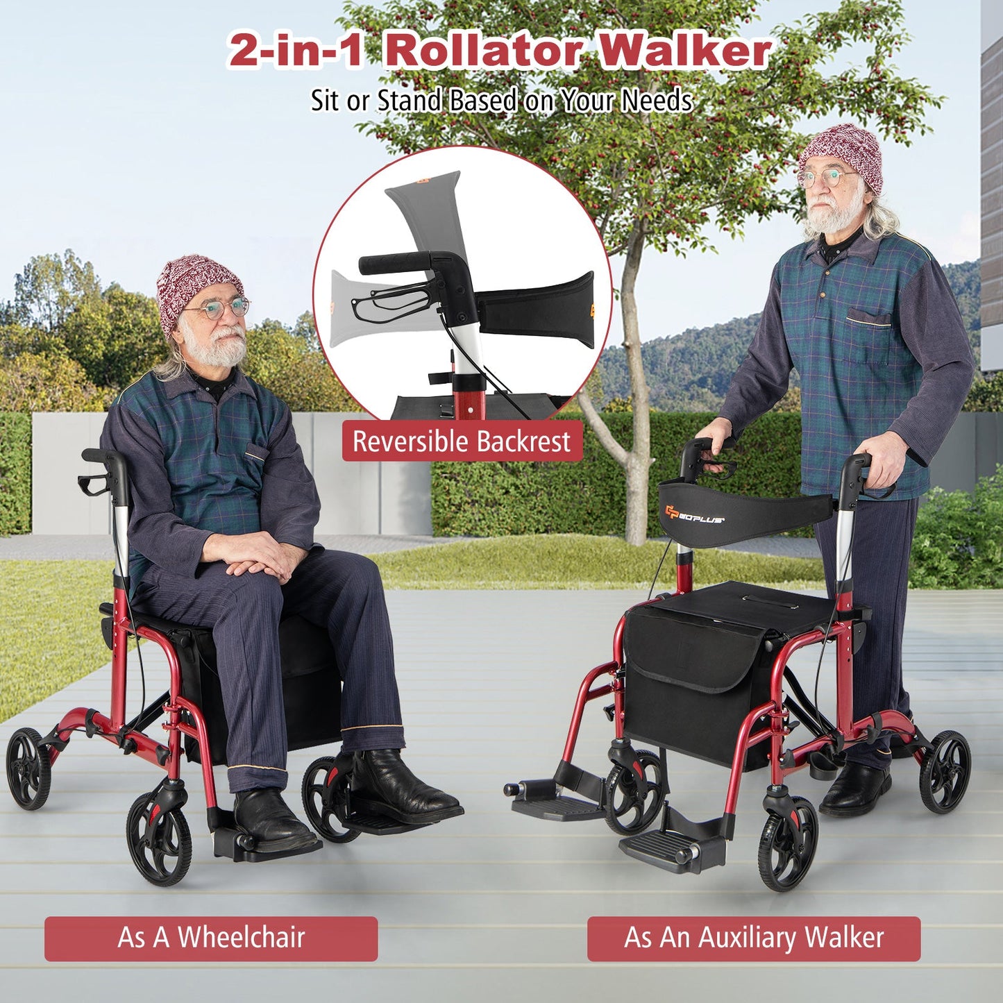 Two men using a 2-in-1 rollator walker with reversible backrest feature outdoors.