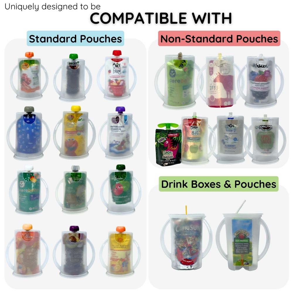 Clear flip pouch holder with lid, shown with assorted pouch and drink box containers