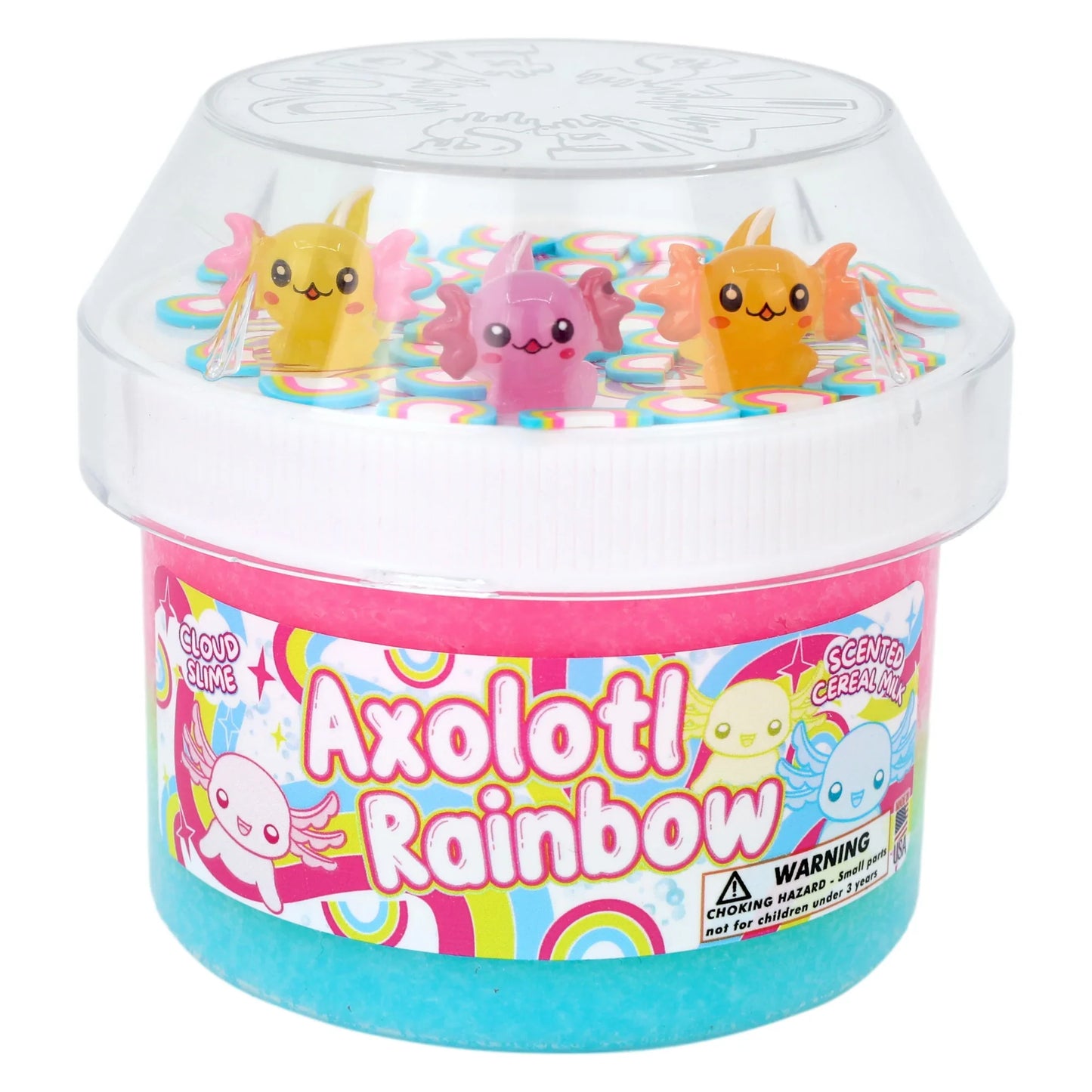 Rainbow slime tub with clear lid, pink-and-blue slime, and cute animal charms