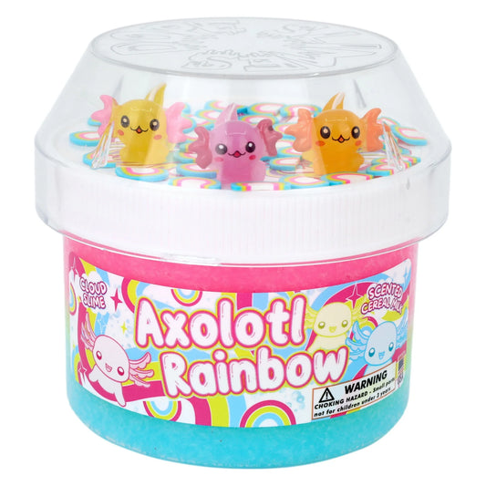 Rainbow slime tub with clear lid, pink-and-blue slime, and cute animal charms