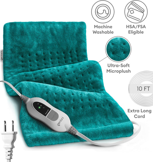 Teal plush heating pad with extra-long white cord and inline controller
