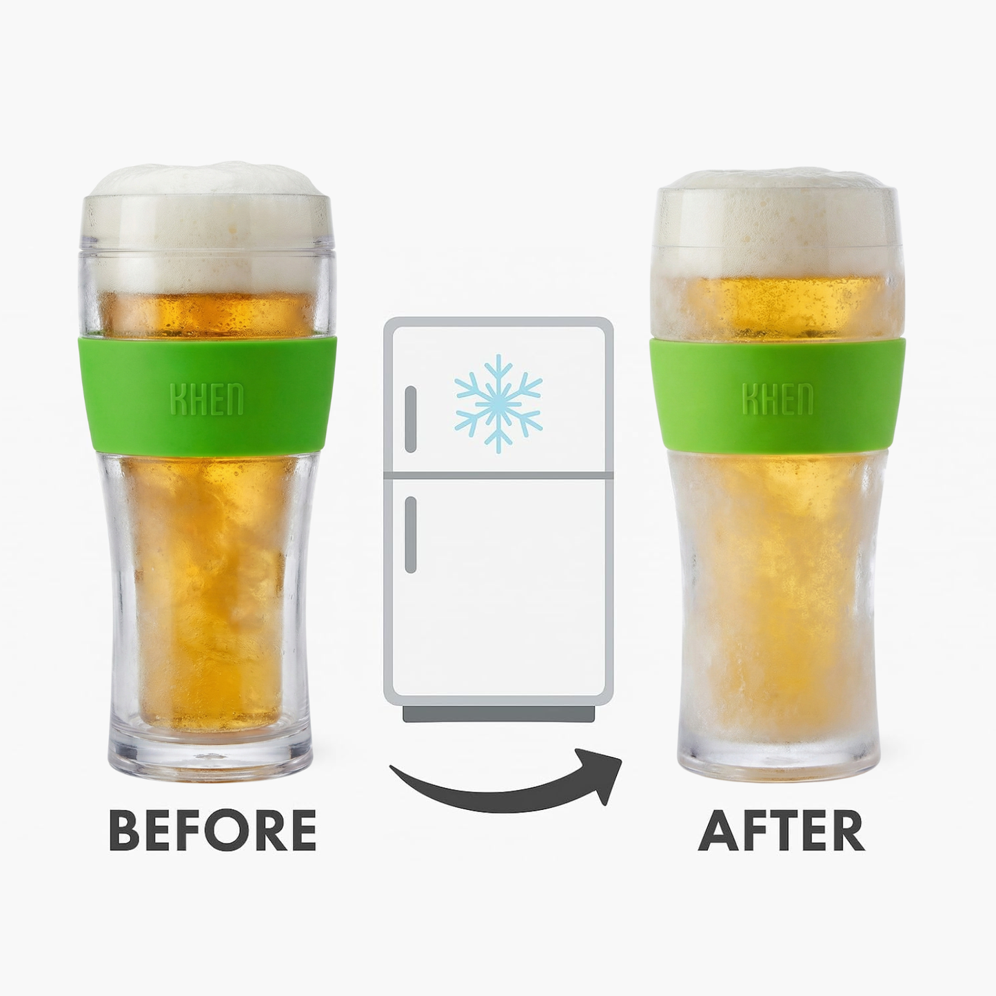 Before-and-after view of 2 acrylic beer glasses with green cooling band (KHEN) and frosted tops