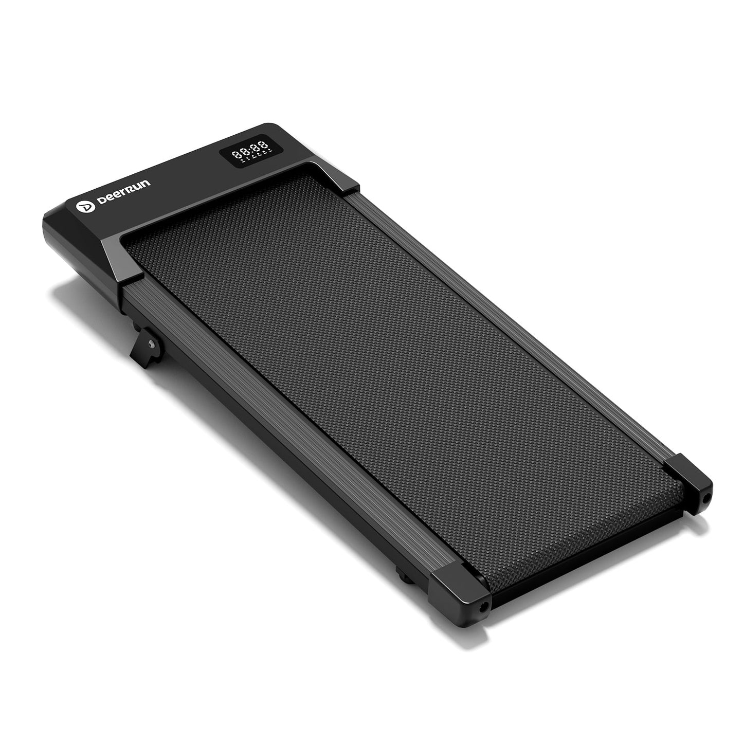 Black walking pad treadmill with incline deck and digital control display, compact frame