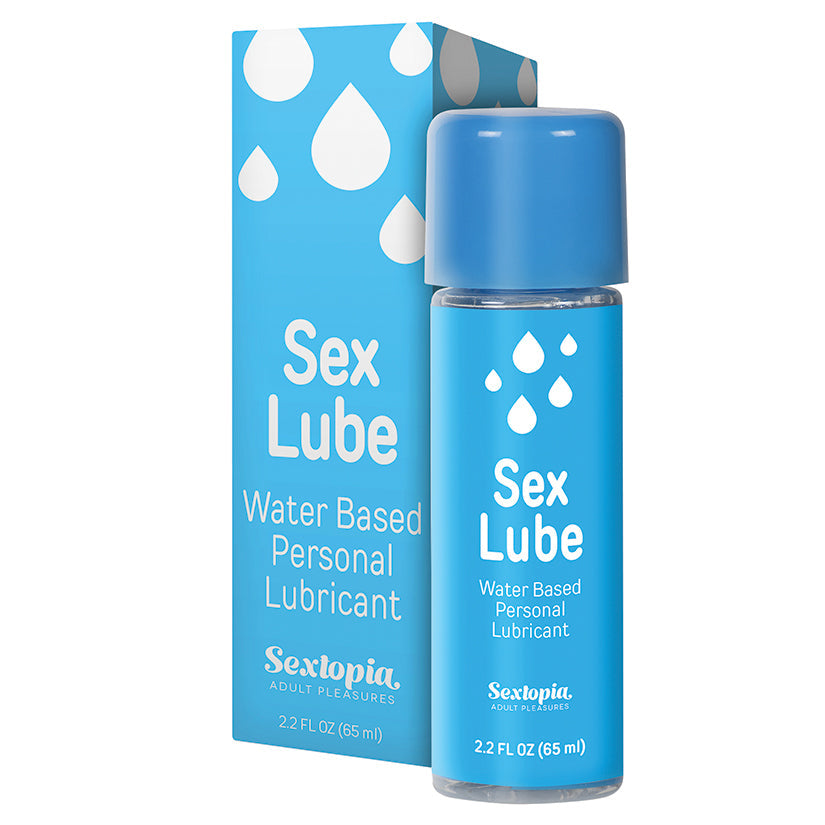 Sextopia water-based sex lube, blue bottle with pump-style cap and label