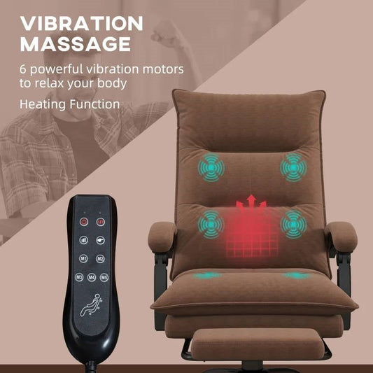 Brown massage-heated office chair with remote; glowing back massage nodes shown.