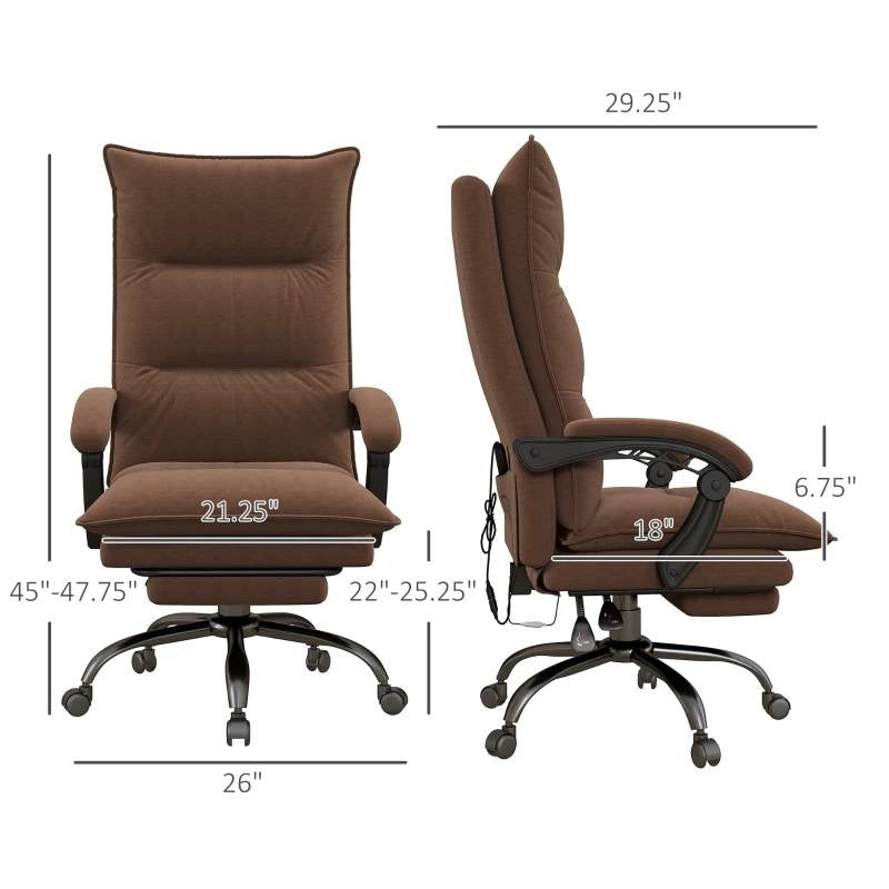 Brown massage-heated office chair with side and front views plus product dimensions.