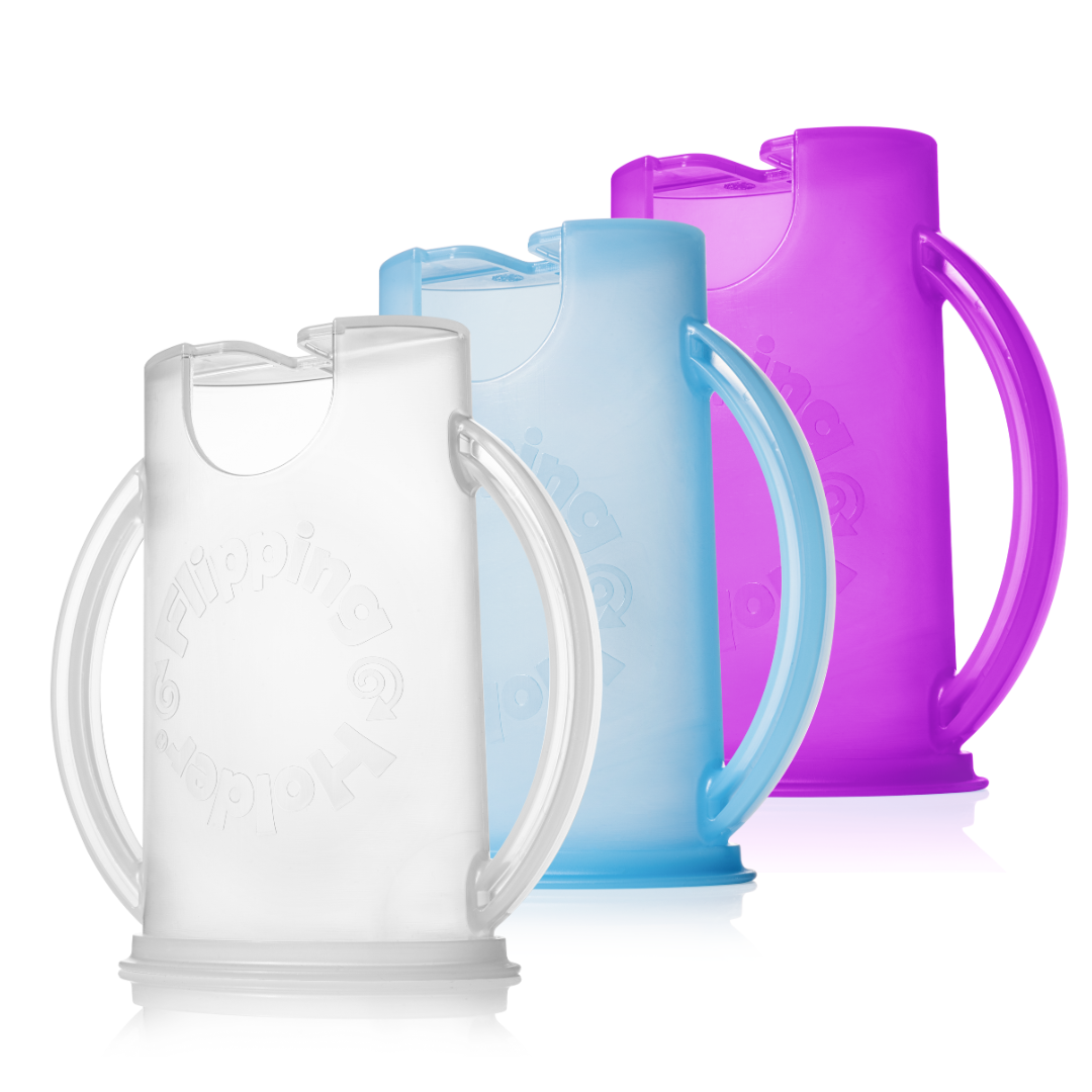 Flipping Holder 3 pack with white, light blue, and purple plastic holders and flip handles