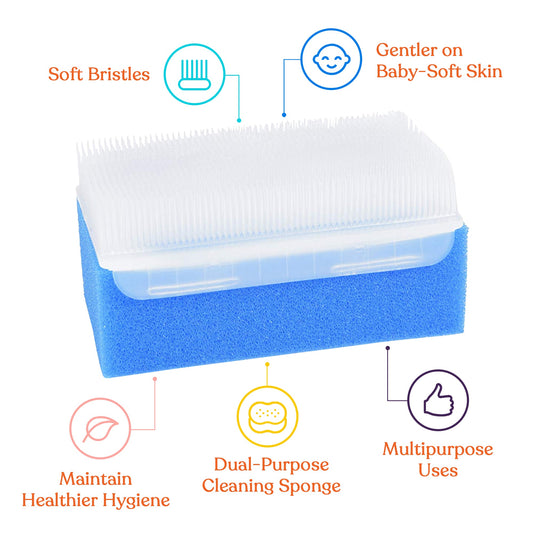 Baby bath sponge and brush with blue foam and white ridged bristle edge