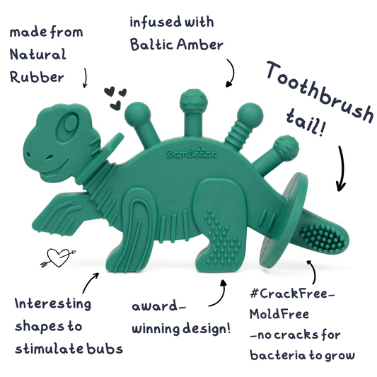 Teal dinosaur-shaped toothbrush with text highlighting features on a white background
