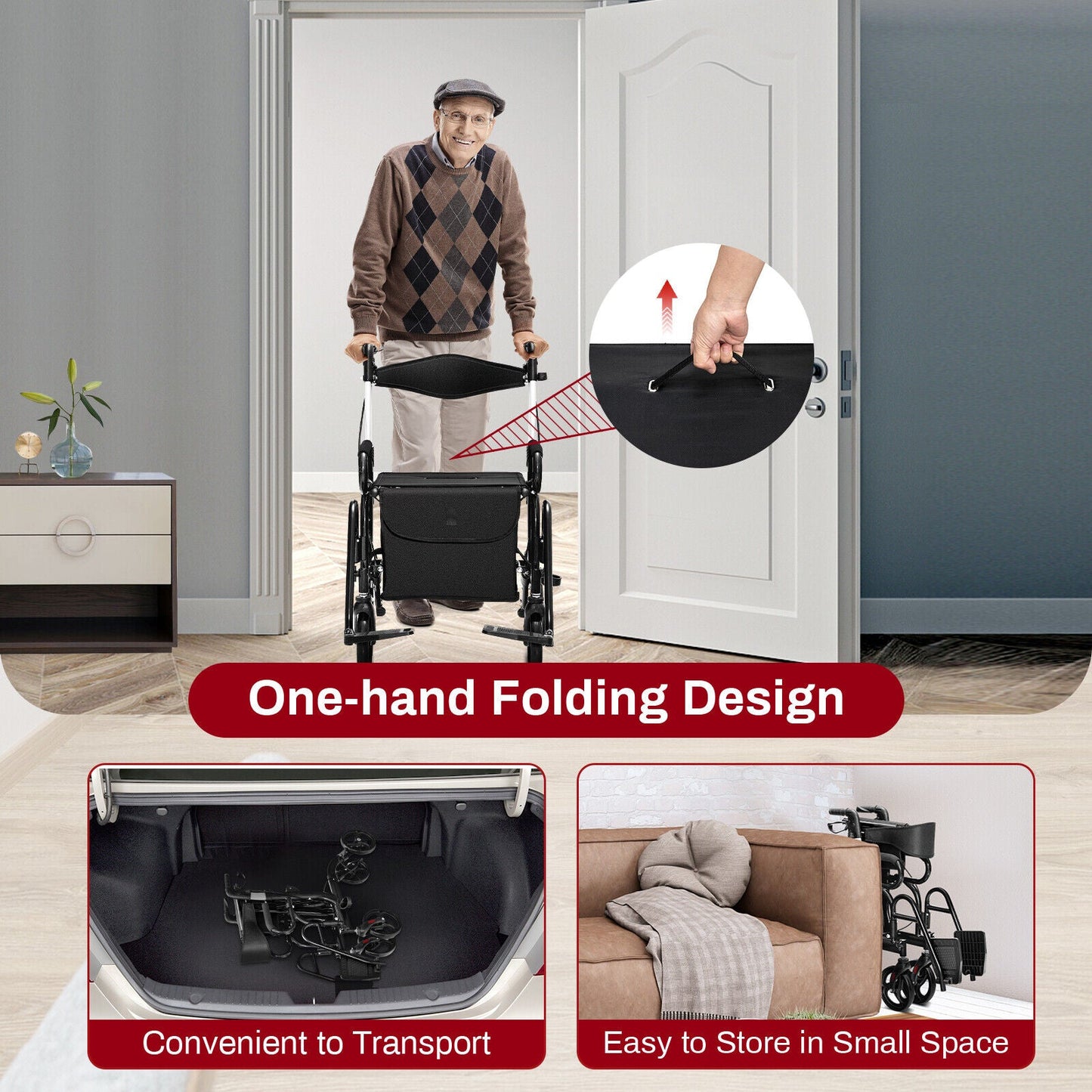 Man using a one-hand folding walker in a home setting with text highlighting its features.