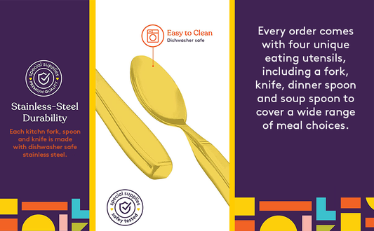 Gold adaptive utensils, angled view of fork and spoon with wide handles