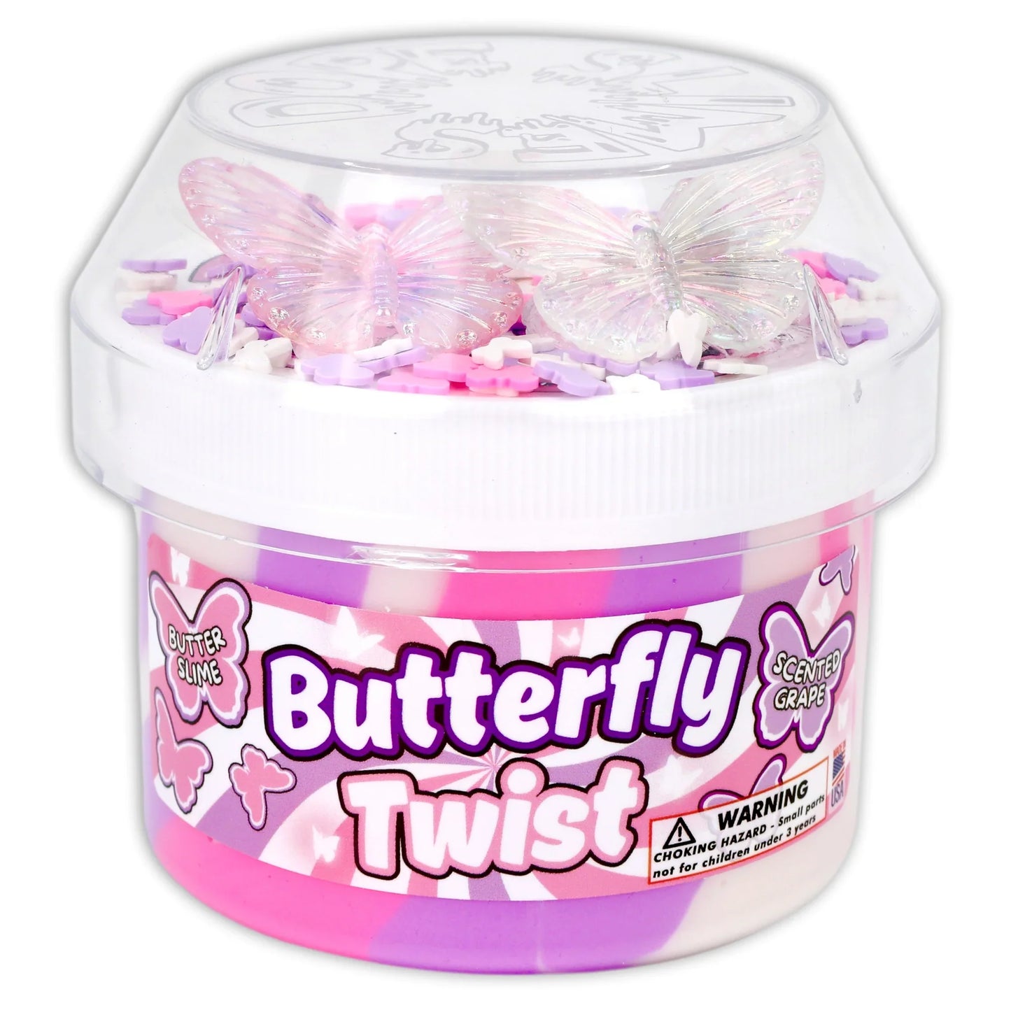 Butterfly twist dope slime jar with grape scent, purple-pink swirl and butterfly charms