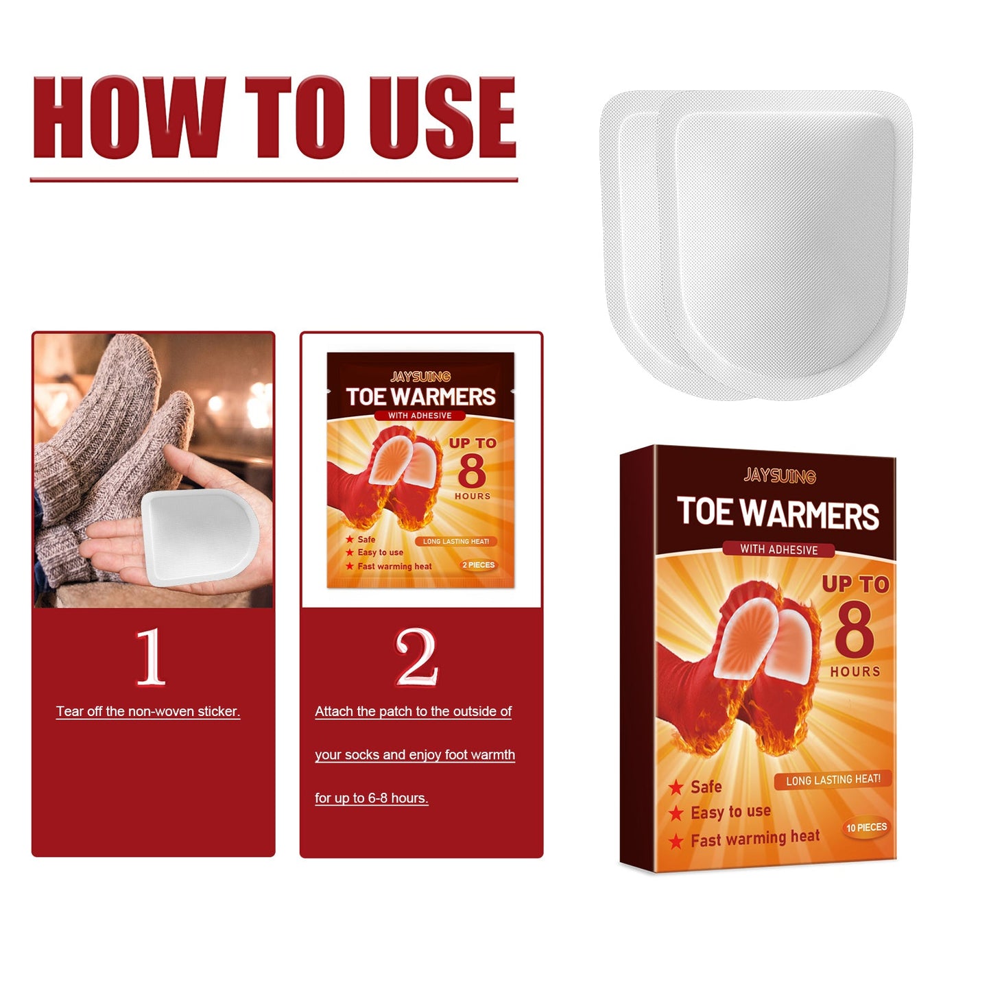 How-to-use toe warmers showing adhesive patch placement steps and product box