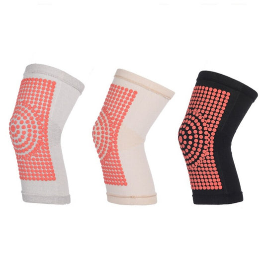 Self-heating knit knee pads with red dot heat panels in grey, light yellow, and black