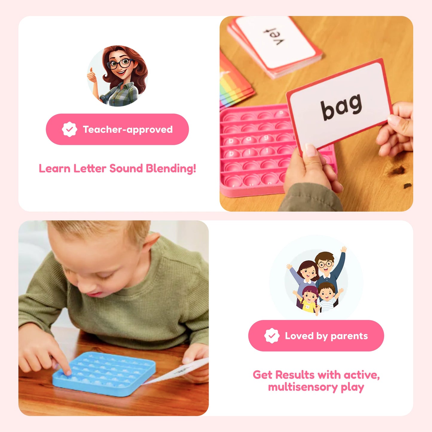 Blue letter pop fidget mat used by a child at a wooden table