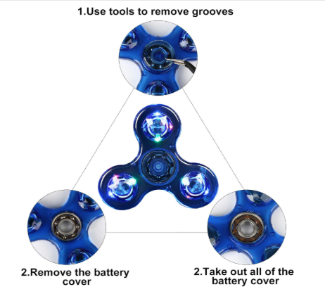 Blue LED fidget spinner with three lit circles and battery cover area