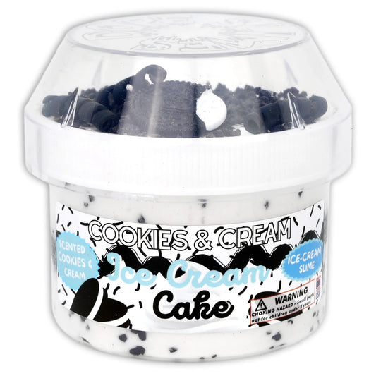 Ice cream cake slime tub with clear lid and white base, cookie pieces visible