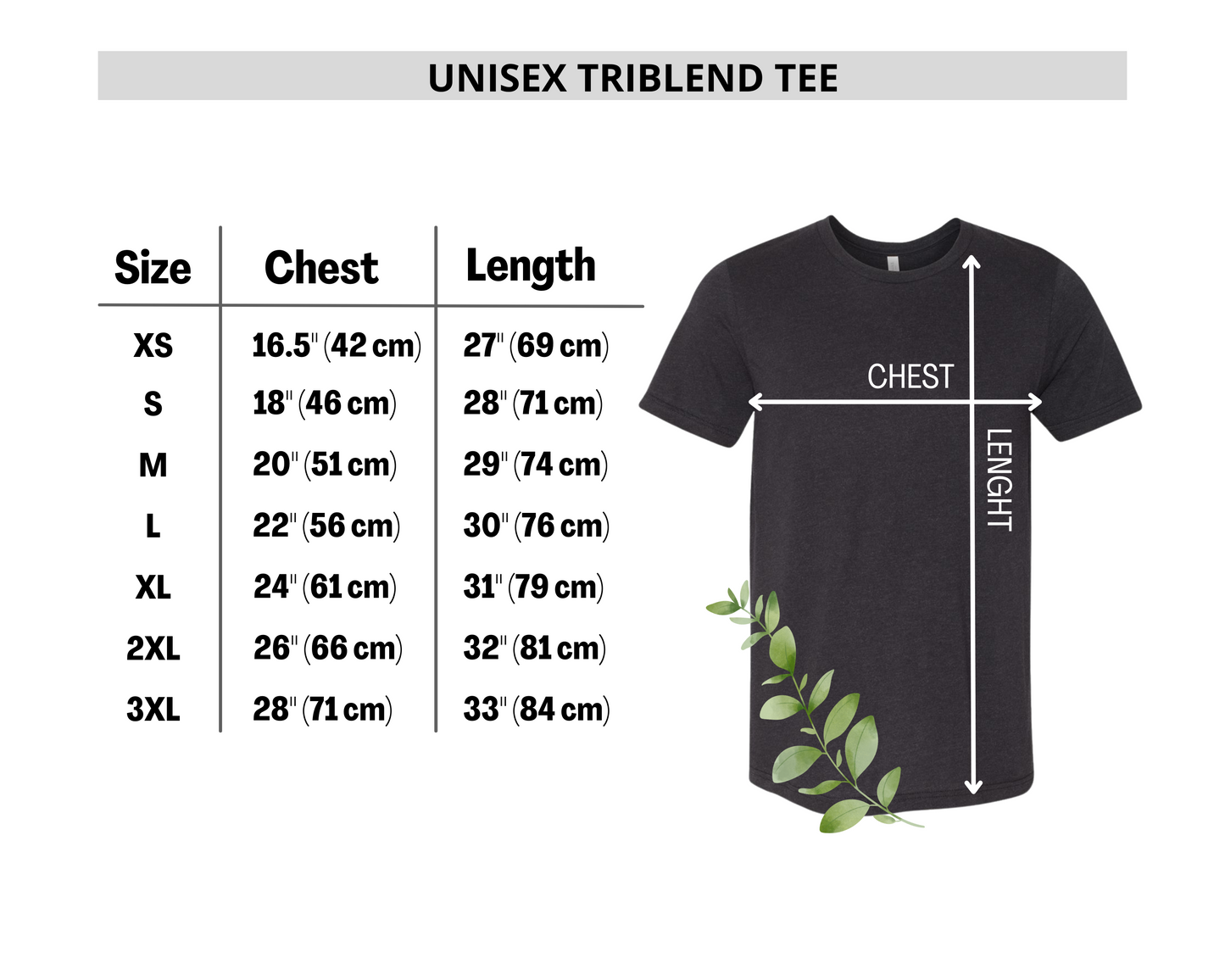 Unisex triblend tee size chart with chest and length measurements