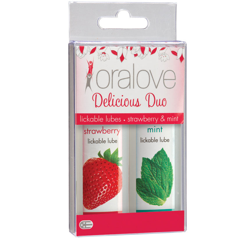 Lickable lube duo set with strawberry and mint in boxed packaging