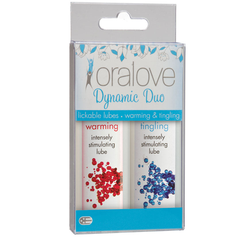 Oralove Dynamic Duo warming & tingling lickable lube set, two bottles in box