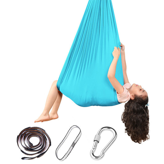 Hanging hammock swing chair in sky blue with included rope, straps, and carabiners.