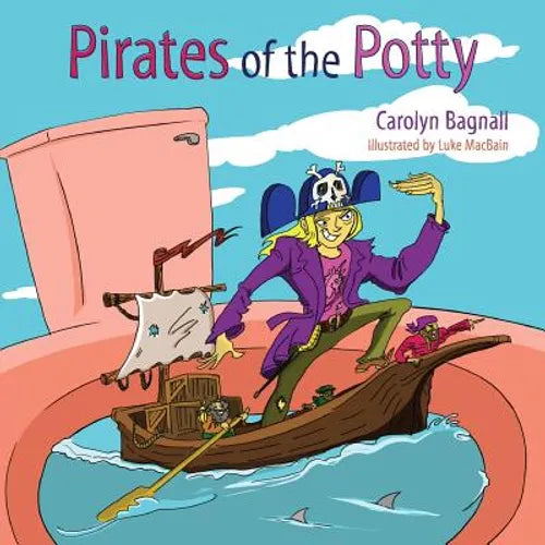 Children's pirate potty picture book, paperback cover with cartoon pirate on toilet-boat