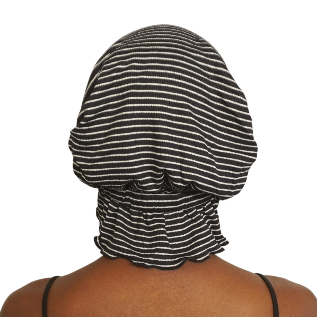 EMILIE CHEMOBEANIE® chemo beanie with back drape and black-and-white stripes