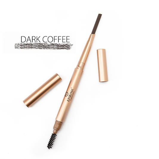 Dark coffee eyebrow pencil with built-in spoolie brush and sharpened tip, blendable color