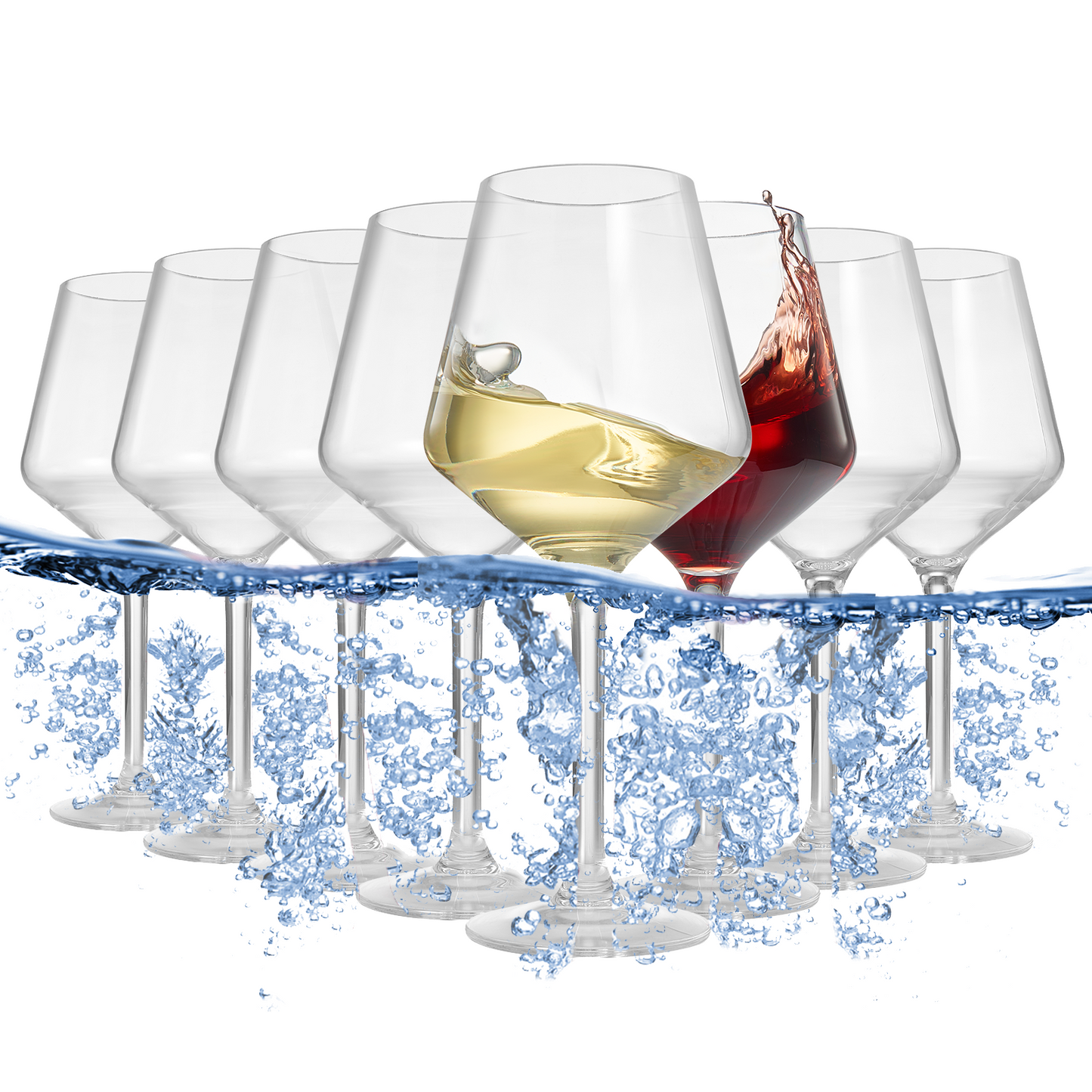 Set of 8 acrylic stemmed wine glasses, clear goblets with water splashes